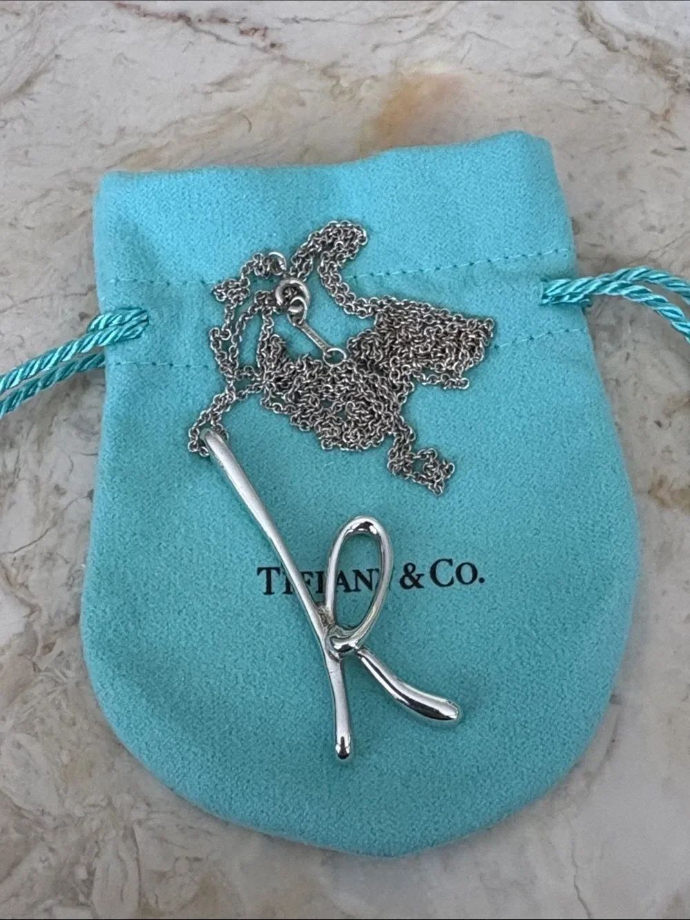 Tiffany & Co. Elsa Peretti Rare Sterling Silver “K” Initial Pendant 30” Necklace - Picture 4 of 12